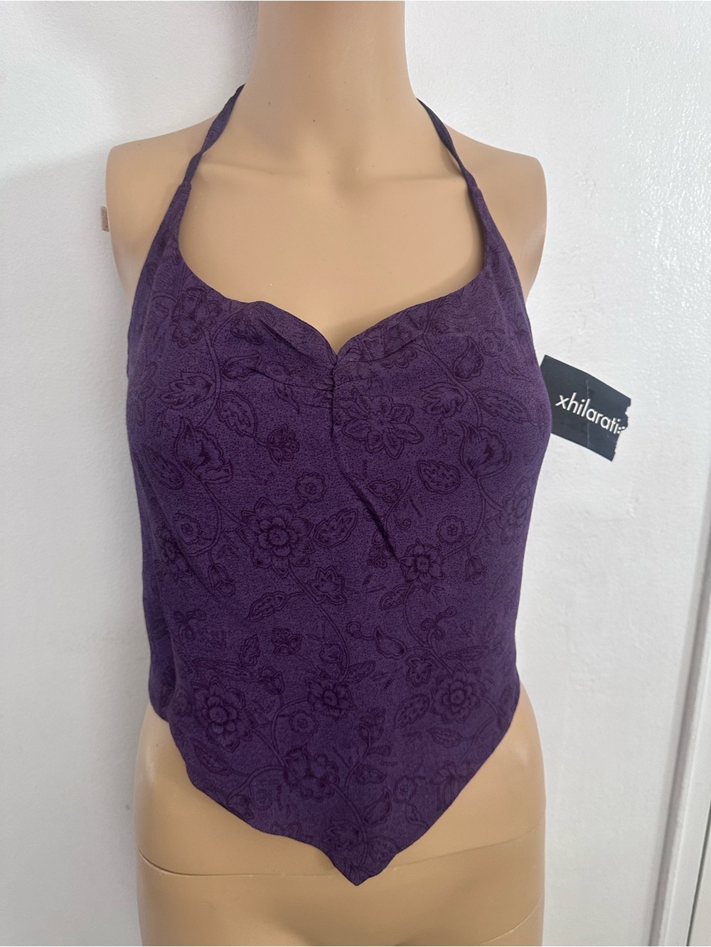 Vtg Y2K XHILARATION Purple Floral Bandana Hem Halter Top - NWT Deadstock